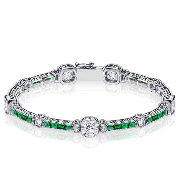 Milgrain White & Emerald Tennis Bracelet In Sterling Silver