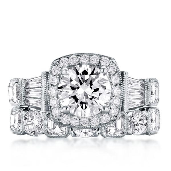 Half Eternity Vintage Cushion Halo Round Cut Bridal Ring Set