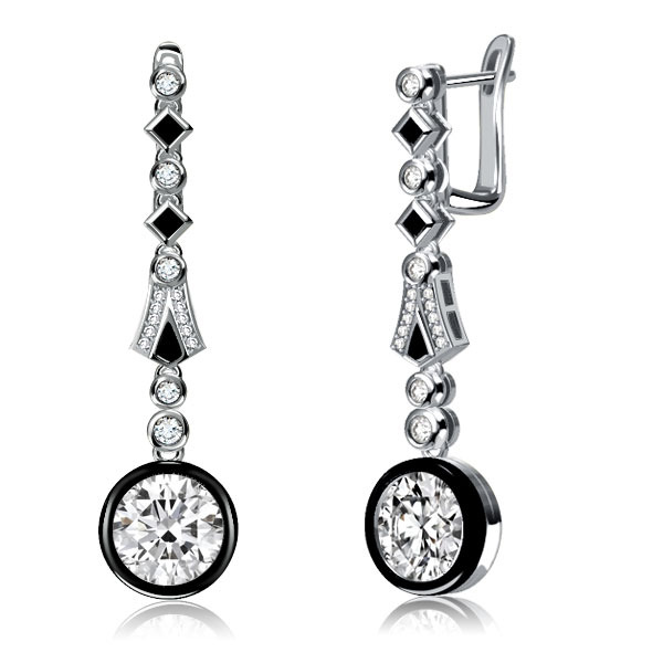 Art Deco Black Halo White Round Sliver Drop Earrings For Women