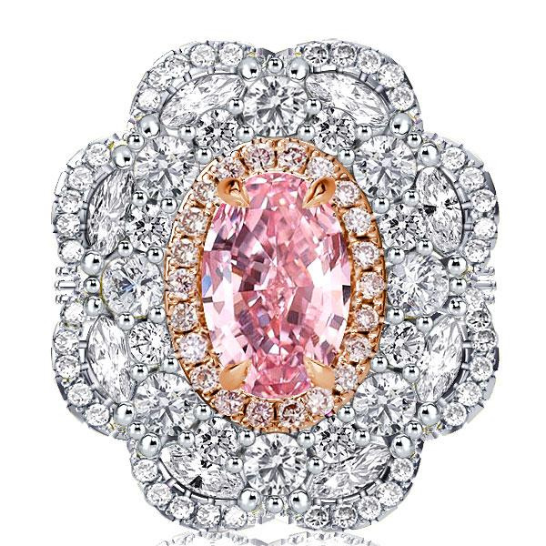 Vintage Two Tone Halo Oval Cut Pink Sapphire Engagement Ring