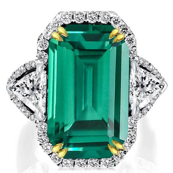 Two Tone Emerald Cut Emerald Green 3 Stone Halo Engagement Ring