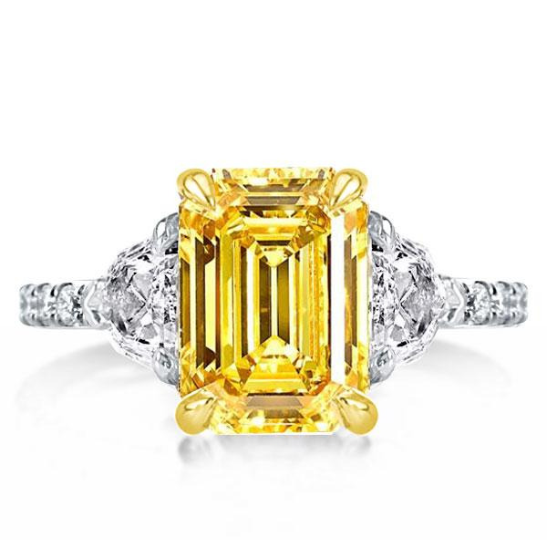 Two Tone Three Stone Yellow Topaz Emerald Cut Engagement Ring