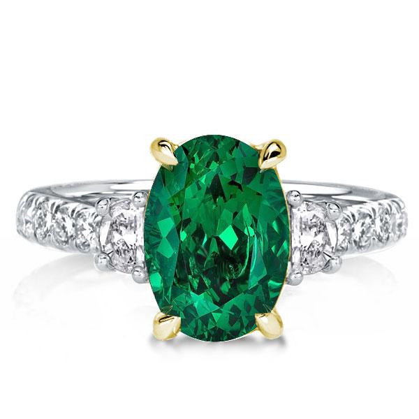Three Stone Two Tone Oval Cut Emerald Engagement Ring