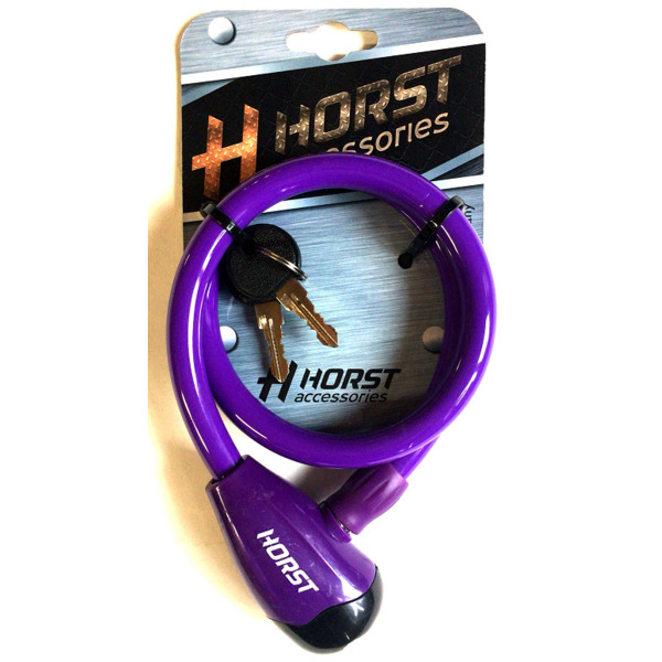 Замок велосипедный HORST, 12х650 мм, на ключ, тросовый, фиолетовый, 09-100063