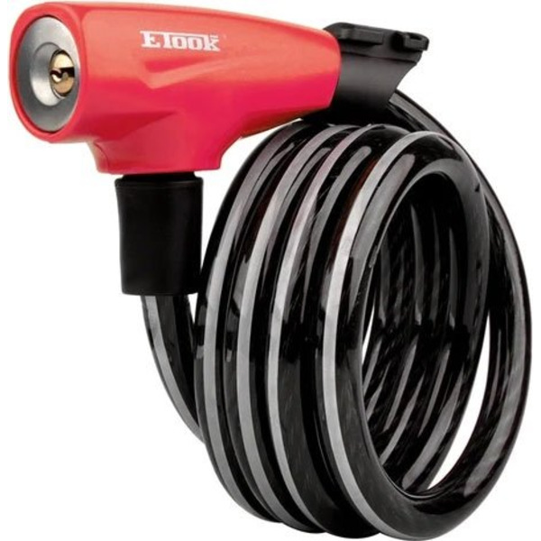 Замок велосипедный ETOOK трос, с ключами, 12x1500мм, уровень защиты 3, в оплётке, красный, ET455R(red)-ED3212