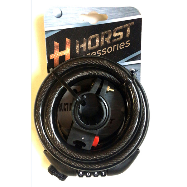 Замок велосипедный HORST, кодовый (4 разряда), 12х1500 мм, с креплением на раму, черный, 09-100192