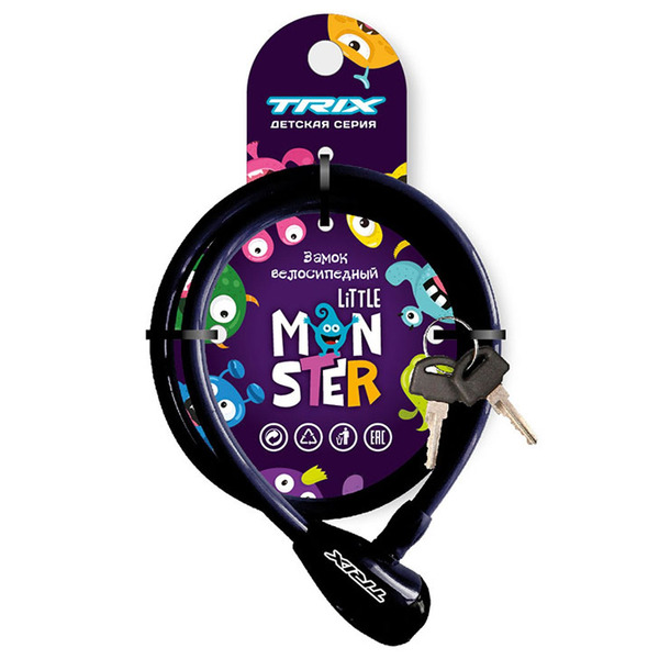 Замок велосипедный TRIX Little Monster, противоугонный, детский, трос стальной, 8×1200 мм, черный, LKTX08120KYМ