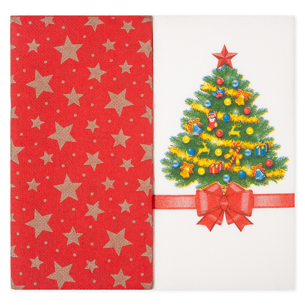 Сервировочные салфетки, Новогодняя ель и золотые звезды, Красный/Белый, 33*33 см, 20 шт.
