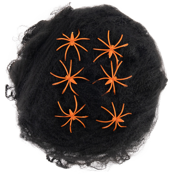 Декоративное украшение, Паутина и 6 пауков, 60 гр, Черный/Оранжевый, 1 шт.