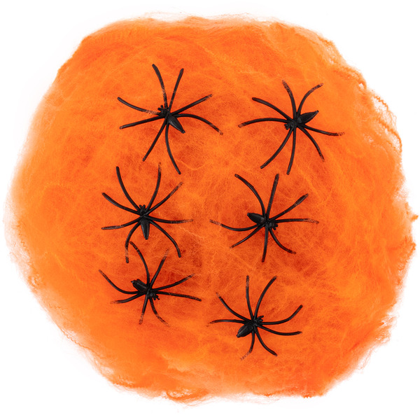 Декоративное украшение, Паутина и 6 пауков, 60 гр, Оранжевый/Черный, 1 шт.