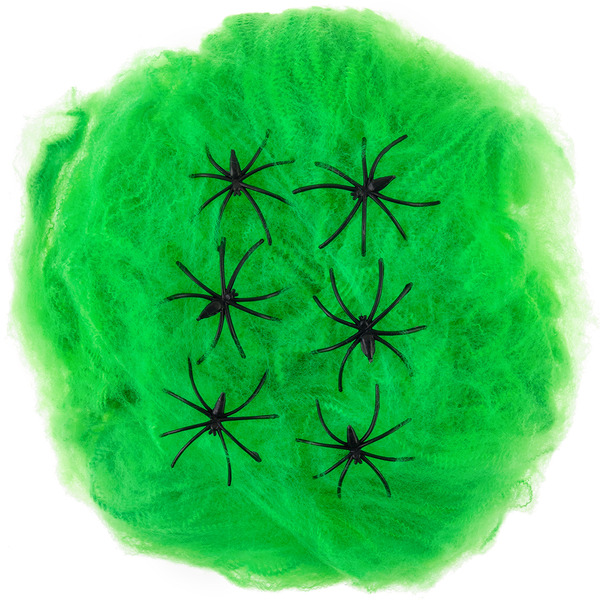 Декоративное украшение, Паутина и 6 пауков, 60 гр, Зеленый/Черный, 1 шт.