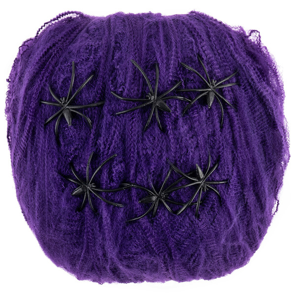 Декоративное украшение, Паутина и 6 пауков, 60 гр, Фиолетовый/Черный, 1 шт.