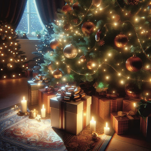 Мини - открытка, Елочка с подарками, 7*7 см, 20 шт.