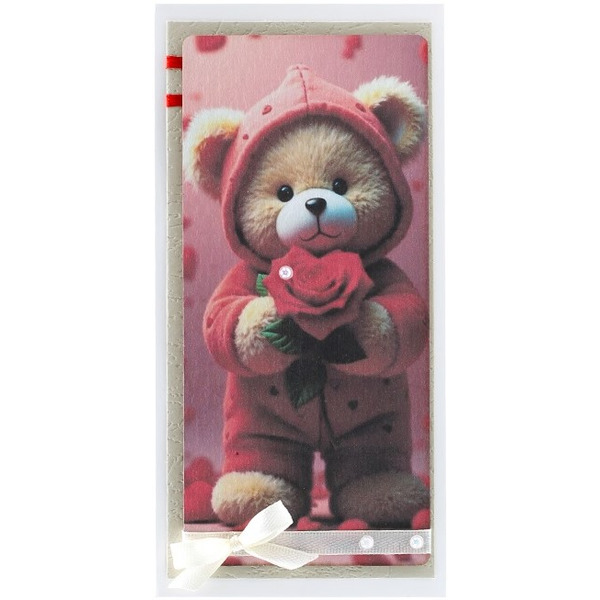 Конверт для денег 3D, Мишка с розой, с блестками, 1 шт.