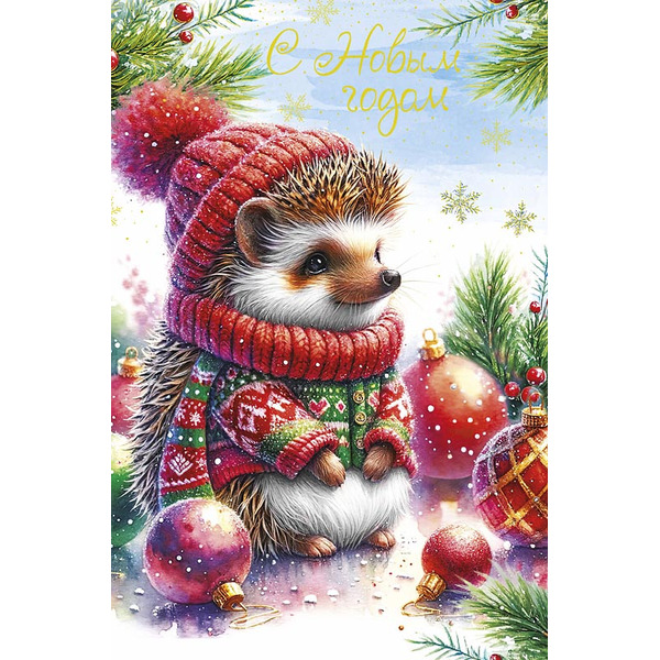 Открытка, С Новым Годом (ежик в шапочке), Металлик, 12,1*18,3 см, 5 шт.