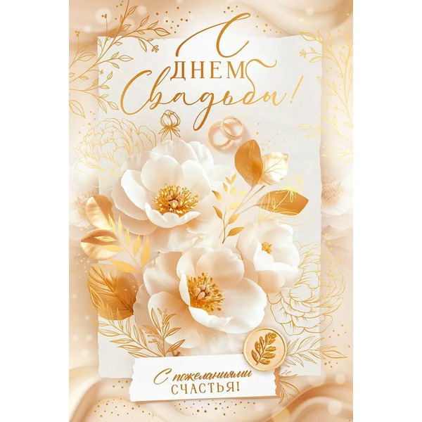 Открытка с конвертом для денег, С Днем Свадьбы! (нежные цветы), Металлик, 12,2*18,2 см, 1 шт.