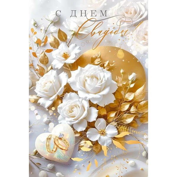 Открытка, С Днем Свадьбы! (розы и кольца), Металлик, 12,2*18,2 см, 10 шт.