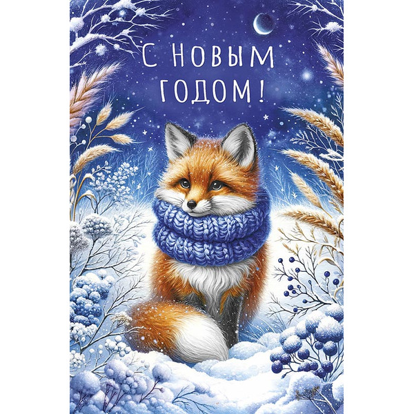 Открытка, С Новым Годом! (лисичка с шарфиком), с блестками, 12,1*18,3 см, 5 шт.