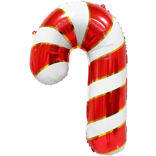 Шар (29"/74 см) Фигура, Леденец трость, Золотая полоска, Белый/Красный, 1 шт. в уп.