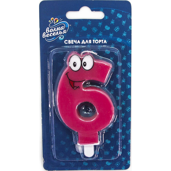Свеча Цифра, 6 Глазки, Розовый, 7,5 см, 1 шт. с держат.