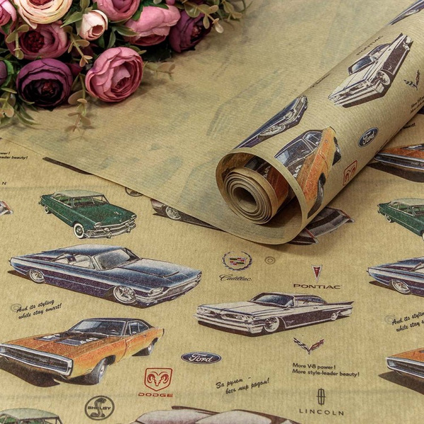 Упаковочная бумага, Крафт 40гр (0,7*10 м) Верже, Ретро автомобили, 1 шт.