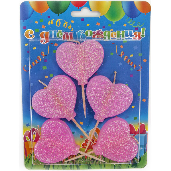 Свечи Сердце, Розовый, с блестками, 6 см, 5 шт.