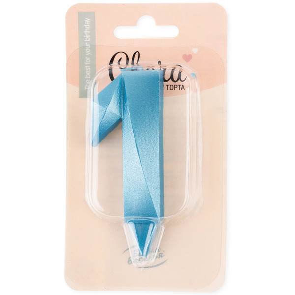 Свеча Цифра, 1 Грани, Синяя бирюза, 7 см, 1 шт. с держат.