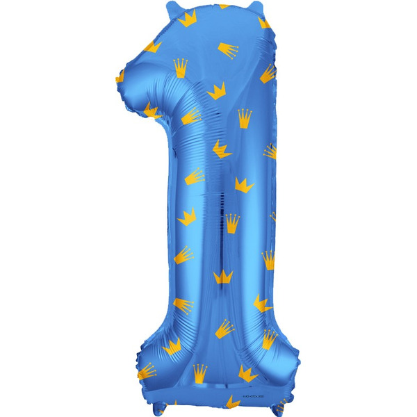 Шар (34"/86 см) Цифра, 1 Золотые короны, Голубой, 1 шт. в уп.