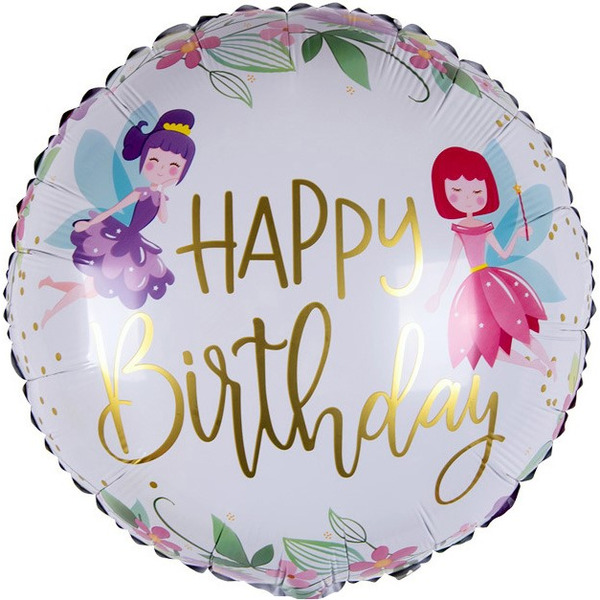 Шар (18"/46 см) Круг, С Днем Рождения (маленькие феи), 1 шт.