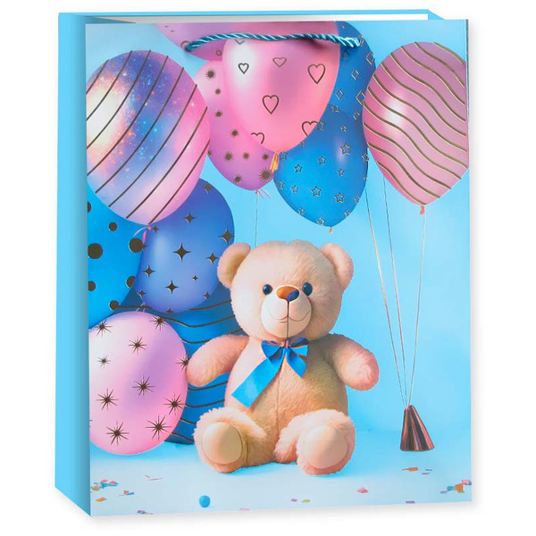 Пакет подарочный, 210гр, Мишка с шариками, Дизайн №4, Металлик, 32*26*10 см, 1 шт.