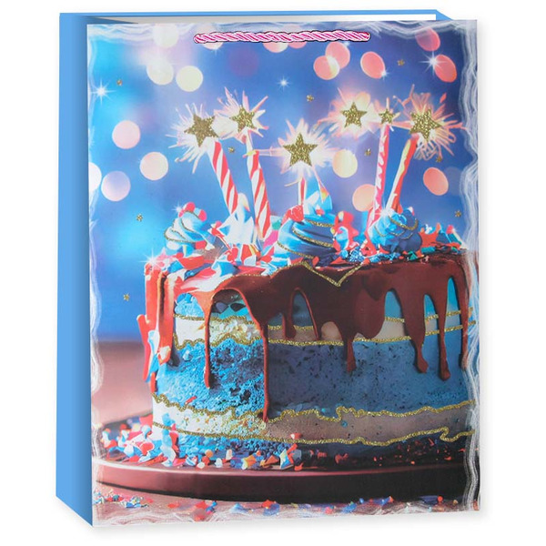 Пакет подарочный, 210гр, Торт на День Рождения, Дизайн №4, с блестками, 24*18*8,5 см, 1 шт.