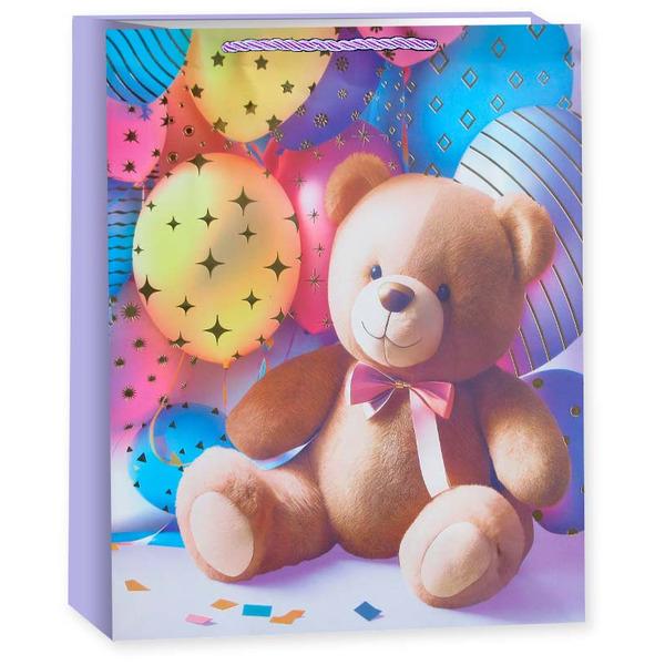 Пакет подарочный, 210гр, Мишка с шариками, Дизайн №2, Металлик, 40*31*12 см, 1 шт.