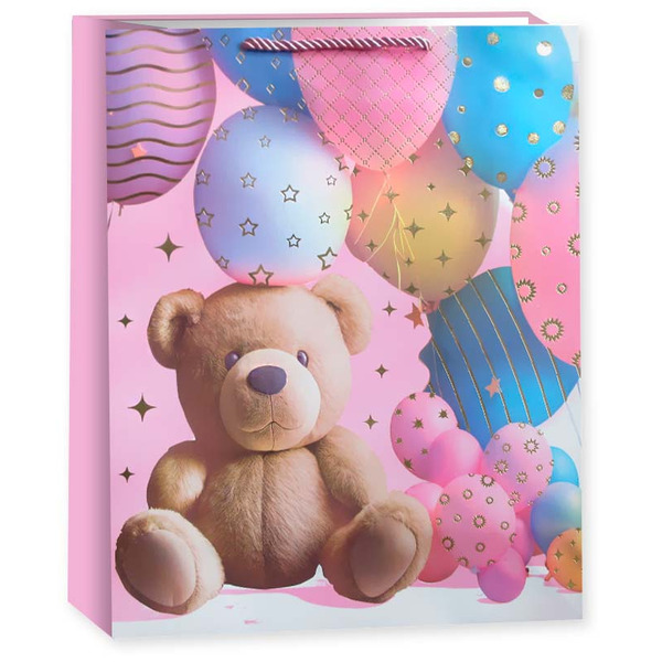 Пакет подарочный, 210гр, Мишка с шариками, Дизайн №1, Металлик, 32*26*10 см, 1 шт.
