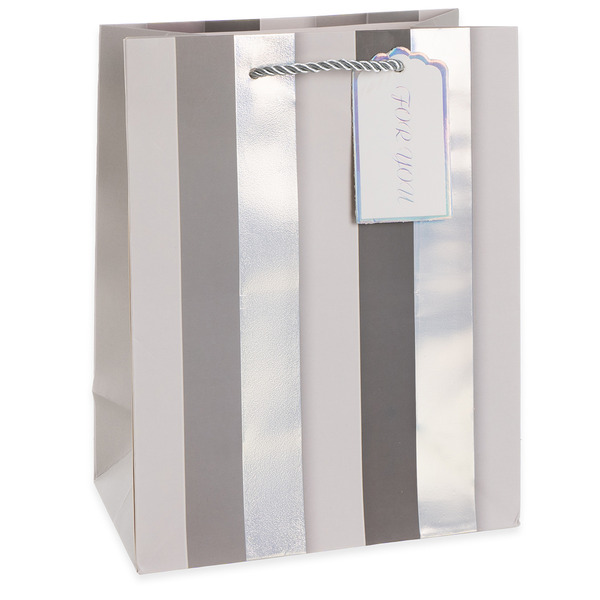 Пакет подарочный, 210гр, Вертикальные полосы, Дизайн №4, Белый/Серебро, Металлик, 41,5*30*12 см, 1 ш