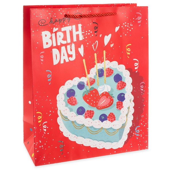 Пакет подарочный, Чудесный День Рождения, Дизайн №4, Красный, с блестками, 32*26*12 см, 1 шт.