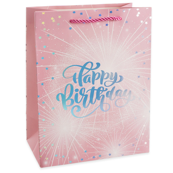Пакет подарочный, 210гр, Блестящий День Рождения, Дизайн №3, Светло-розовый, Металлик, 23*18*10 см,