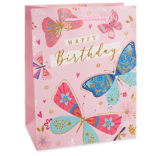 Пакет подарочный, 210гр, Happy Birthday, Лето, Дизайн №2, Розовый, с блестками, 41*31*12 см, 1 шт.