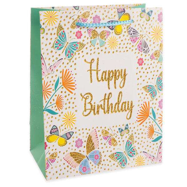 Пакет подарочный, 210гр, Happy Birthday, Лето, Дизайн №1, с блестками, 41*31*12 см, 1 шт.