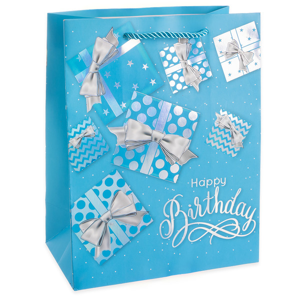 Пакет подарочный, 210гр, Блестящий День Рождения, Дизайн №2, Голубой, Металлик, 32*26*12 см, 1 шт.