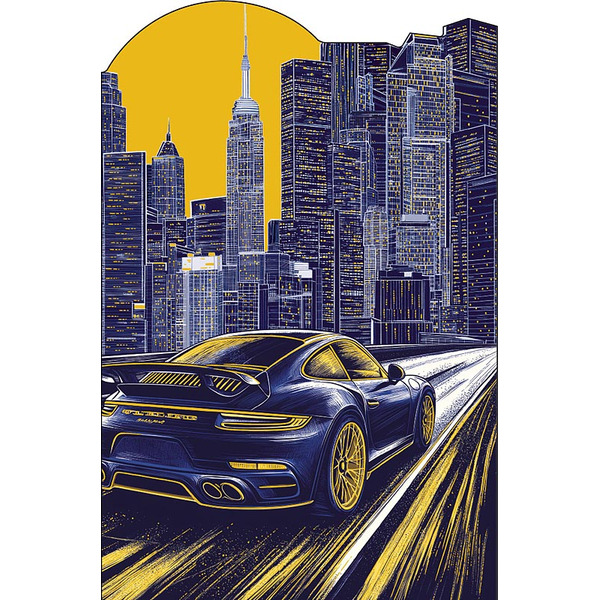 Открытка, Автомобиль в ночном городе, Синий/Желтый, Металлик, 12,1*18,3 см, 1 шт.