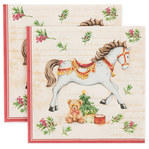 Сервировочные салфетки, Новогодняя лошадка, Кремовый, 33*33 см, 20 шт.