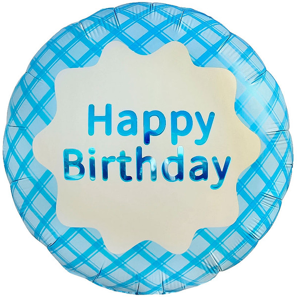 Шар (18"/46 см) Круг, Happy Birthday (стильная клетка), Голубой, Сатин, 1 шт. в уп.