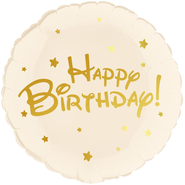 Шар (18"/46 см) Круг, Happy Birthday (золотые звезды), Бежевый, 1 шт. в уп.