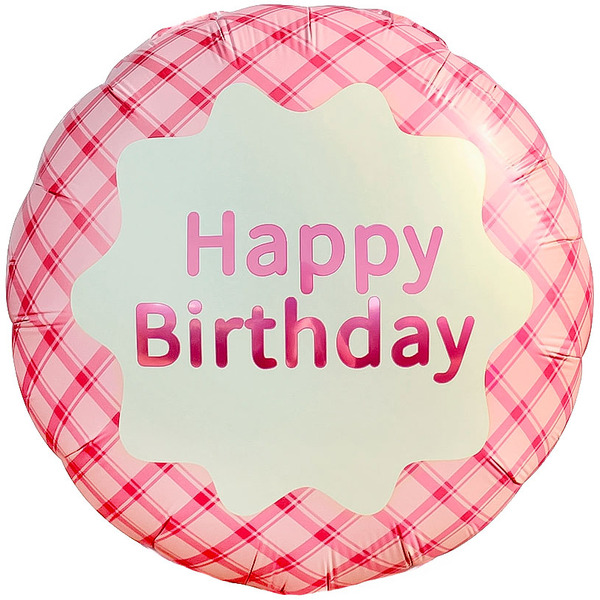 Шар (18"/46 см) Круг, Happy Birthday (стильная клетка), Розовый, Сатин, 1 шт. в уп.