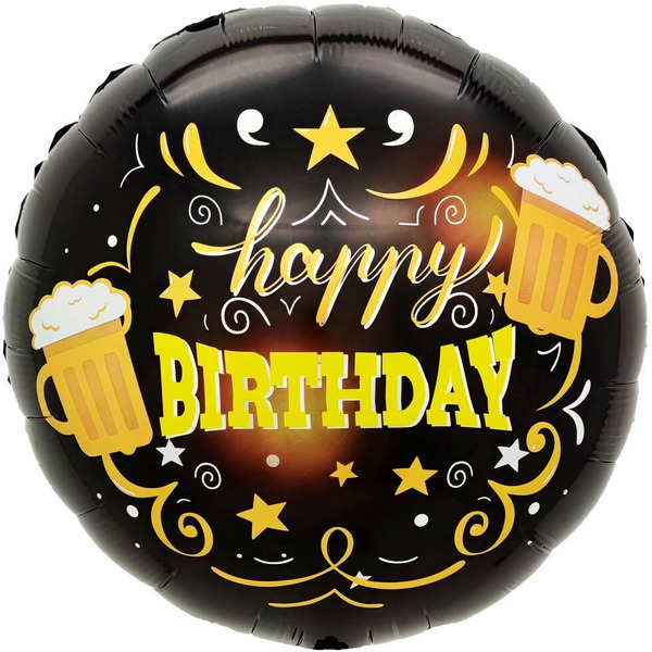 Шар (18"/46 см) Круг, Happy Birthday (кружки пива), Черный, 1 шт. в уп.