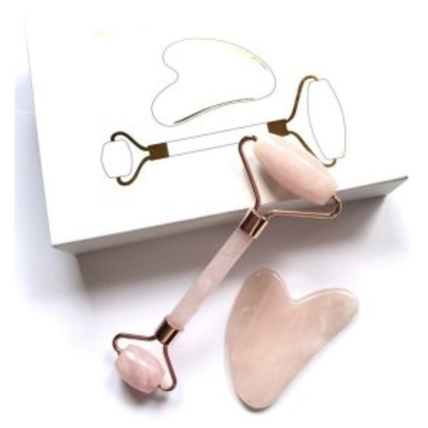 Набор Массажный роллер и скребок гуаша Кварц розовый