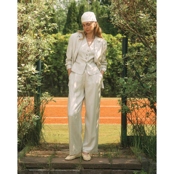 Прямые брюки с защипами, из вискозы и льна, бежевый