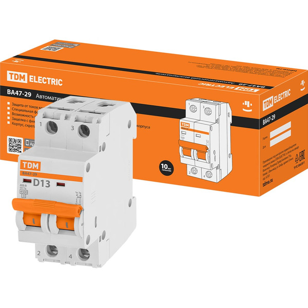 Автомат TDM ELECTRIC ВА47-29 2Р, 13 А, 4,5 кА, D SQ0206-0156