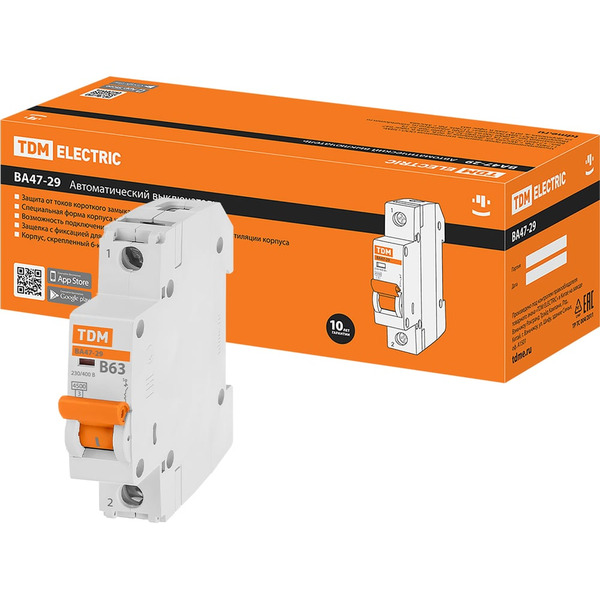 Автомат TDM ELECTRIC ВА47-29 1Р, 63 А, 4,5 кА, В SQ0206-0016