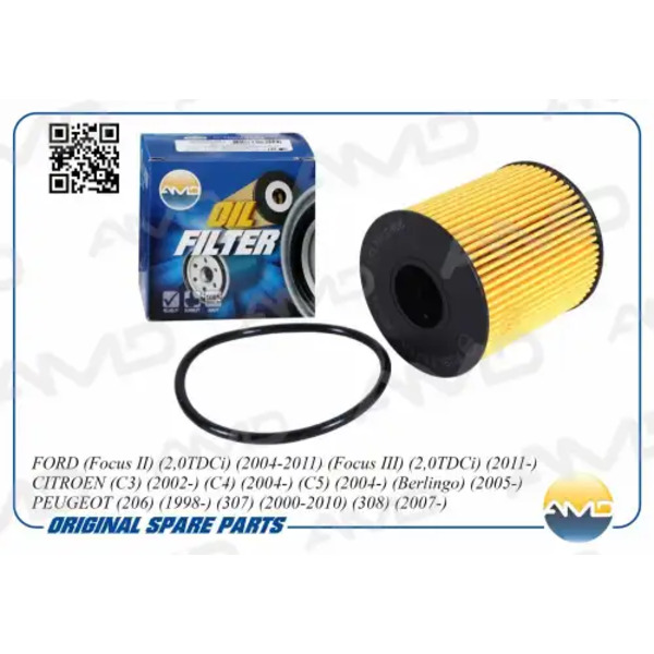 Фильтр масляный AMD AMD.FL129 Ford Focus 04>, Citroen C3/C4/C5/Berlingo 02>, Peugeot 206/307/308 98>